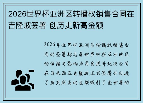 2026世界杯亚洲区转播权销售合同在吉隆坡签署 创历史新高金额