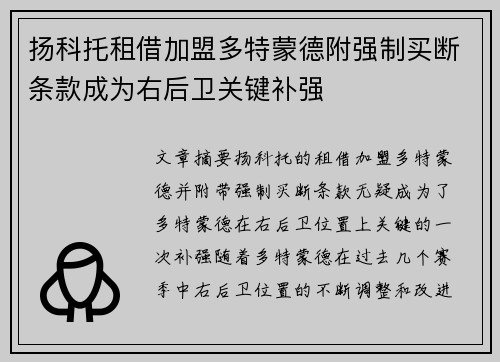 扬科托租借加盟多特蒙德附强制买断条款成为右后卫关键补强 扬科托租借加盟多特蒙德附强制买断条款成为右后卫关键补强