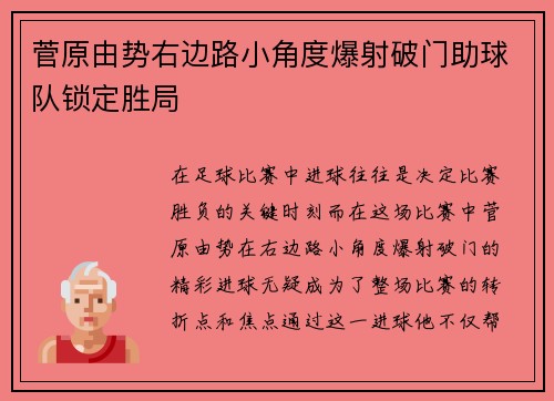菅原由势右边路小角度爆射破门助球队锁定胜局 菅原由势右边路小角度爆射破门助球队锁定胜局