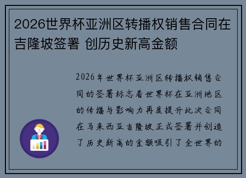 2026世界杯亚洲区转播权销售合同在吉隆坡签署 创历史新高金额