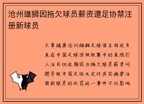 沧州雄狮因拖欠球员薪资遭足协禁注册新球员 沧州雄狮因拖欠球员薪资遭足协禁注册新球员