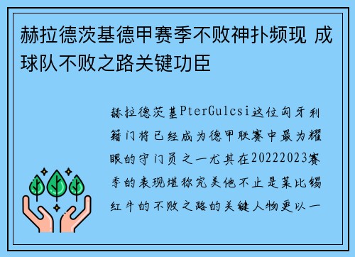 赫拉德茨基德甲赛季不败神扑频现 成球队不败之路关键功臣 赫拉德茨基德甲赛季不败神扑频现 成球队不败之路关键功臣